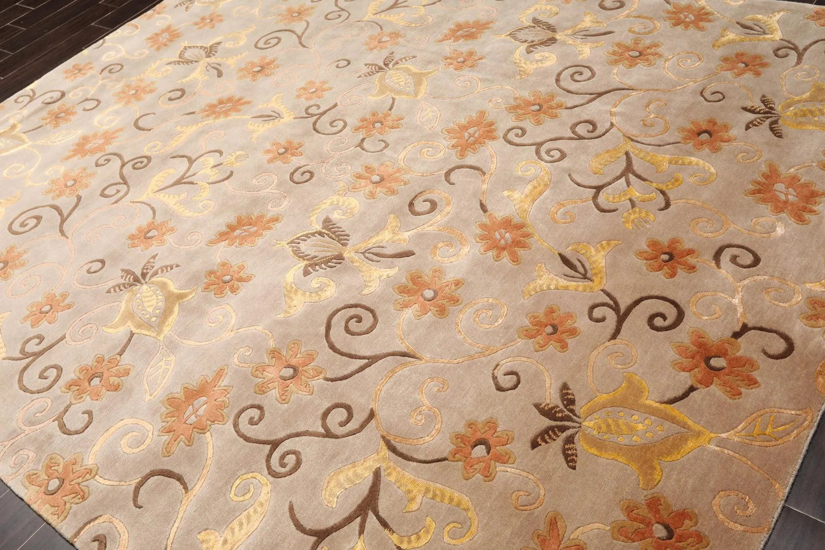 8'x9'7'' Hand Knotted Tibetan Wool & Silk Designer Boho Oriental Area Rug Beige