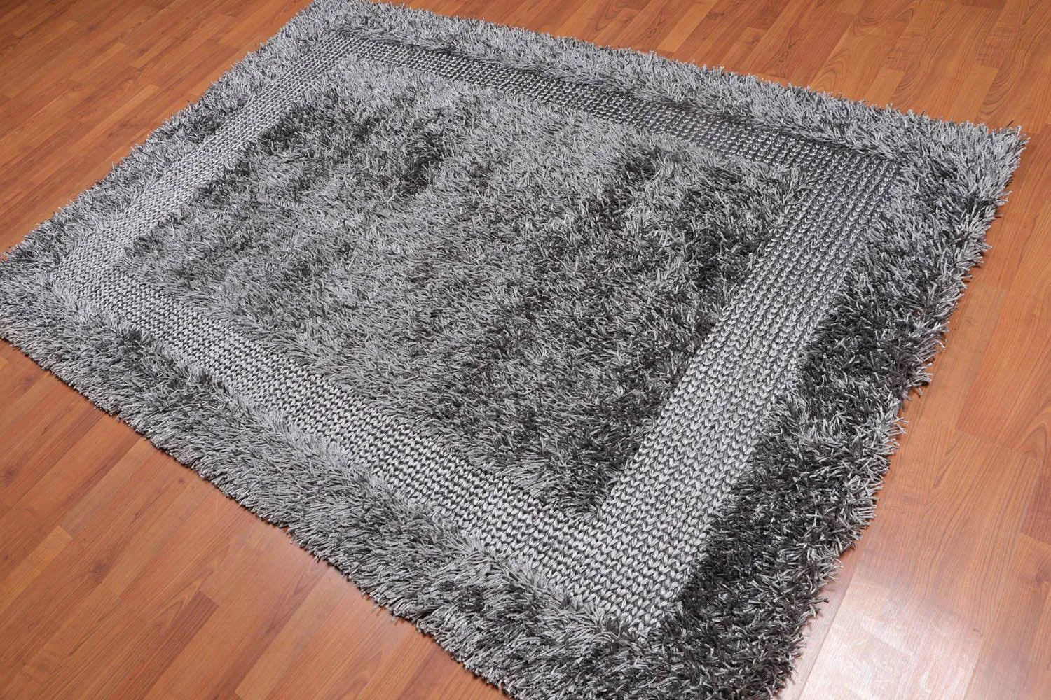 5'x7'6 Handmade Polyester Shag Oriental Area Rug Silver Gray Color